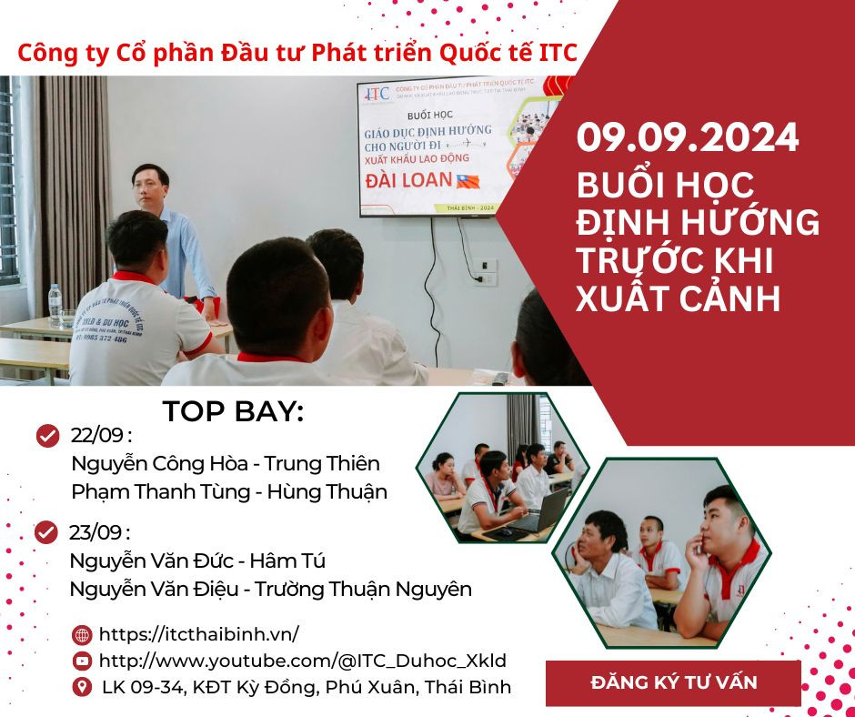 [Định hướng ] 09/09/2024 Định hướng cho người đi xuất khẩu lao động Đài Loan - xuất cảnh 22-23/09/2024 